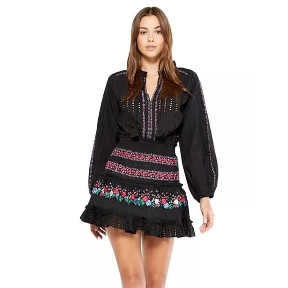 MISA Los Angeles Manuela Black Embroidered Cotton Mini Dress Small - Picture 2 of 14